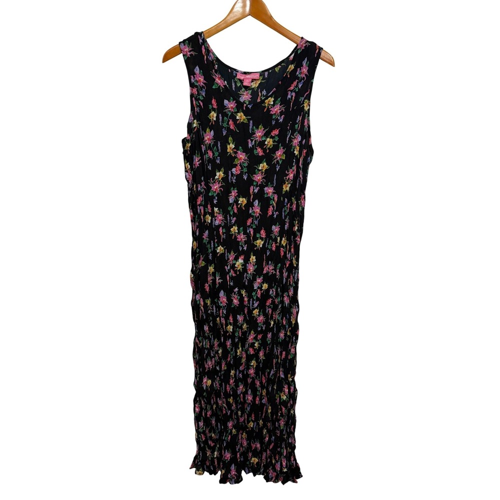 Woman Within Women Midi Dress 1X 22/24 Black Floral Crinkle Boho Cottagecore